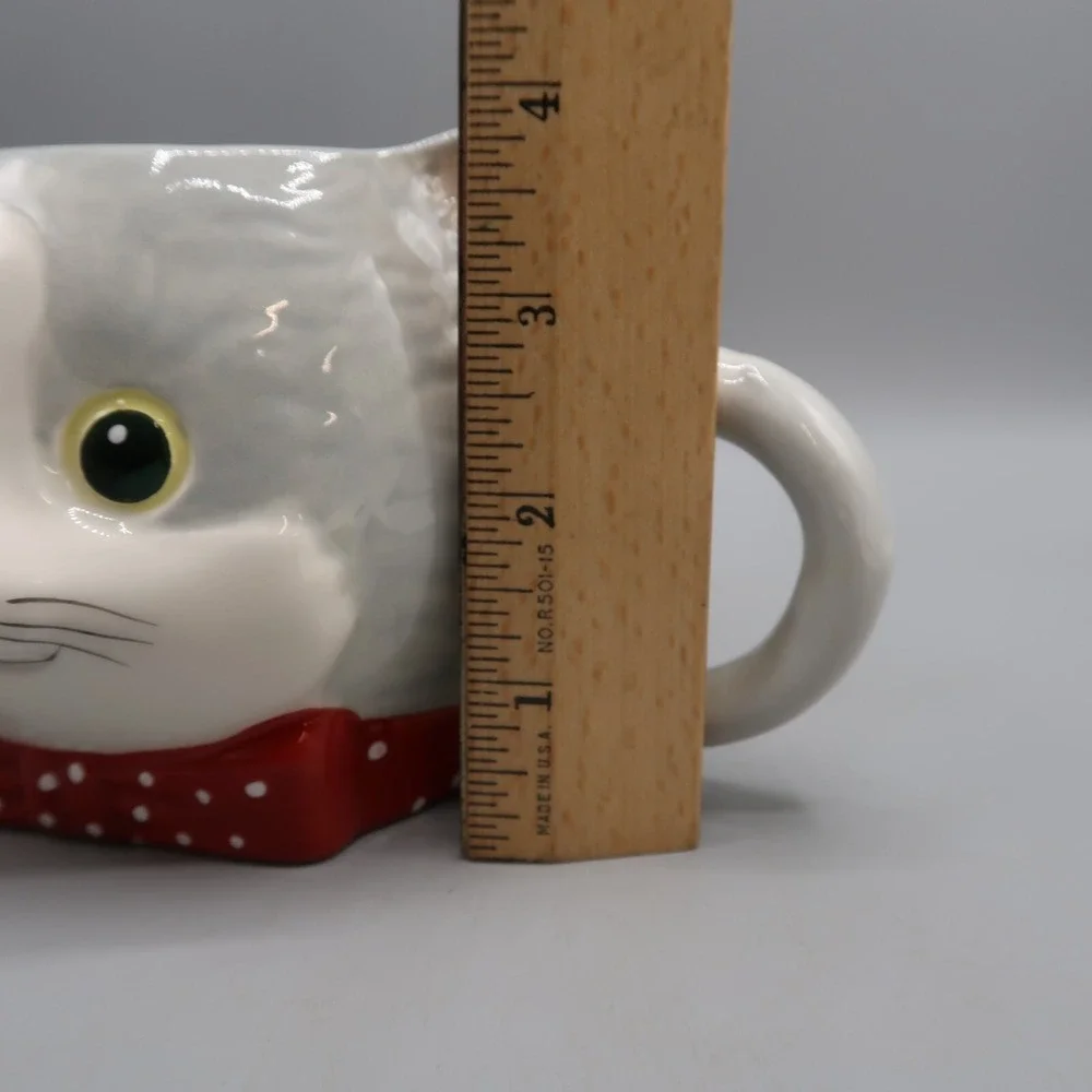 Pier 1 Imports Oversized Gray Kitten Cat Coffee Mug Red White Bow Tie